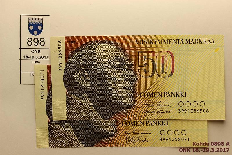 k-0898-a.jpg - Kohde 898, lhthinta: 50 € / myyntihinta: 50 € 50 mk 1986 399.. (2) SNY 171.2 3991. UUS-Pu1, LIN-Va1. Jlkimmisess kohdistusvirhe: valkoinen aluen vas. reunassa 2mm kapeampi, korvaavat, kunto: 5, 4