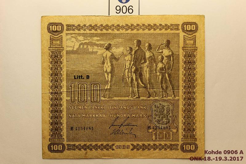 k-0906-a.jpg - Kohde 906, lhthinta: 5 € / myyntihinta: 9 € 100 mk 1939 LD SNY 179.1 B4254681 RAI-Als, vl 1, ep rep, likaa, kunto: 4