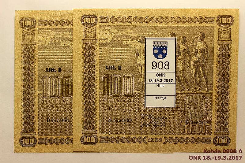 k-0908-a.jpg - Kohde 908, lhthinta: 25 € / myyntihinta: 32 € 100 mk 1939 LD (2) SNY 179.2 D-sarjaa, KIV-AAS; JUT-Wah (1mm rep), vl 2, kunto: 4