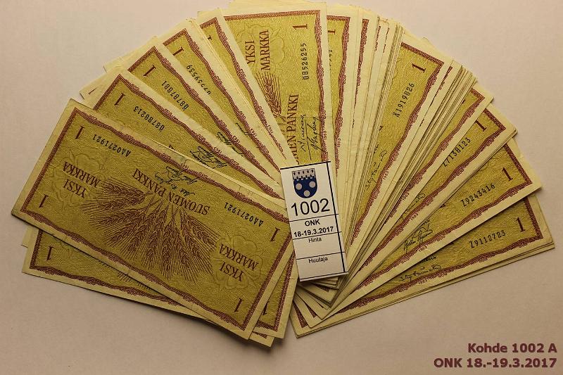 k-1002-a.jpg - Kohde 1002, lhthinta: 20 € / myyntihinta: 21 € 1 mk 1963 (46) Sarjat AA, AI(3), Z(7), (14), (11), (10), kunto: 3-7