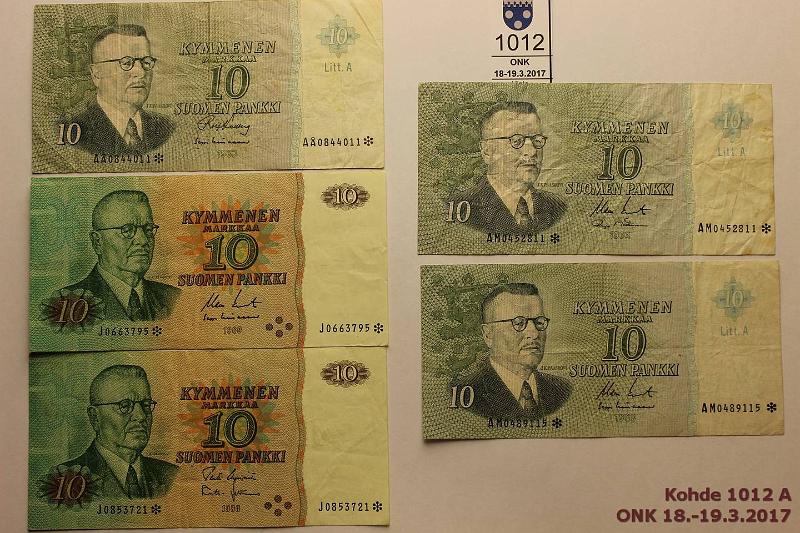 k-1012-a.jpg - Kohde 1012, lhthinta: 10 € / myyntihinta: 10 € 10 mk 1963-80* (5) Korvaavia: 1963 LA* AM.. KO II-M1 ja KO II-Lin, A* KU I-Lin; 1980* J..KO II-Lin ja UUS-Leh, kunto: 3-4