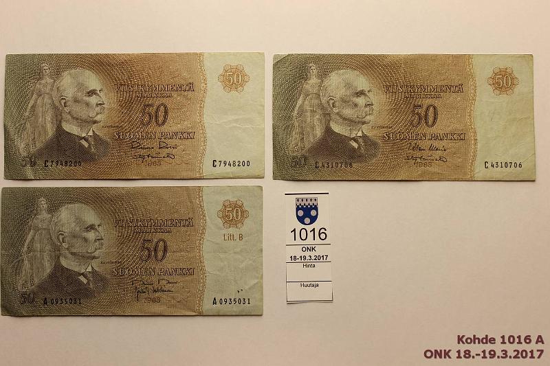 k-1016-a.jpg - Kohde 1016, lhthinta: 30 € / myyntihinta: 52 € 50 mk 1963 (3) Ilman litt. C-sarja (2) RO I-Tr, WAR-Tr; LB A-sarja, RO II-Vou, harv. ak pari (v), prep, kunto: 3-4