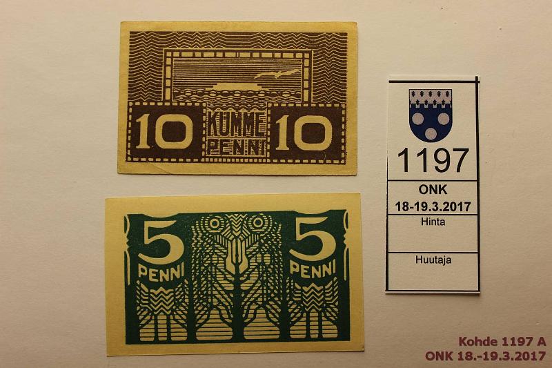 k-1197-a.jpg - Kohde 1197, lhthinta: 10 € / myyntihinta: 13 € Eesti 5 ja 10 p 1919 (ND) P#39a, 40b, kunto: 9, 7