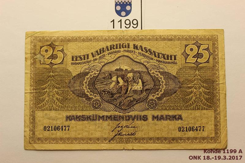 k-1199-a.jpg - Kohde 1199, lhthinta: 15 € / myyntihinta: 15 € Eesti 25 mk 1919 P#47 Rep, keskireik, kunto: 3