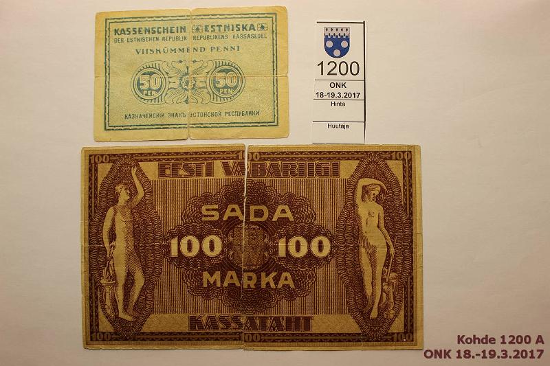 k-1200-a.jpg - Kohde 1200, lhthinta: 10 € / myyntihinta: 18 € Eesti 100 mk ja 50 p 1919 P#42a, 48 50p lhes poikki, 100mk poikki, teipattu, kunto: 2, 1