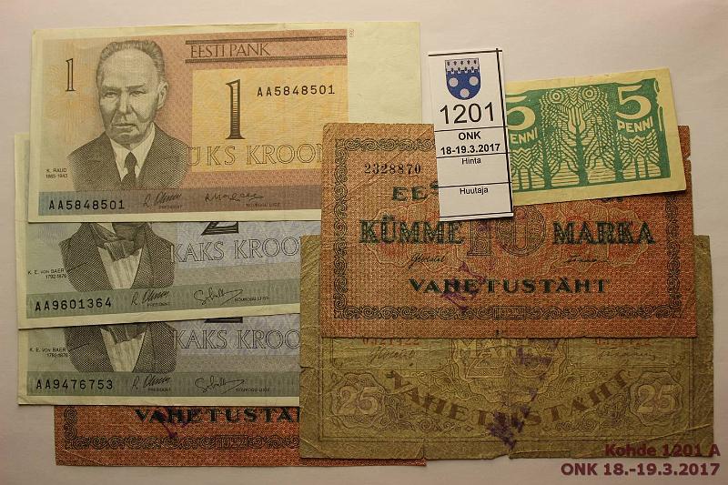 k-1201-a.jpg - Kohde 1201, lhthinta: 10 € / myyntihinta: 11 € Eesti er (7) 1921-92 5p Kassatht (ND); 10mk 1922(2) ja 25mk 1921 "mittn" -leimoilla; 1 ja 2kr(2) 1992, kunto: 3-4