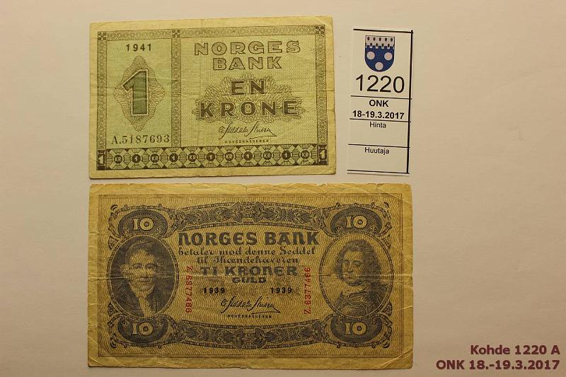 k-1220-a.jpg - Kohde 1220, lhthinta: 5 € / myyntihinta: 11 € Norja 1 ja 10 kr 1939, -41 P#15, 8 1k 1941, prep; 10k 1939 rep, kunto: 3, 2