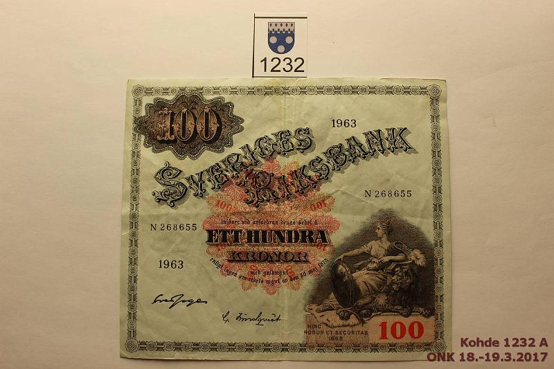 k-1232-a.jpg - Kohde 1232, lhthinta: 10 € / myyntihinta: 10 € Ruotsi 100 kr 1963 P#48 Ptahra, kunto: 5