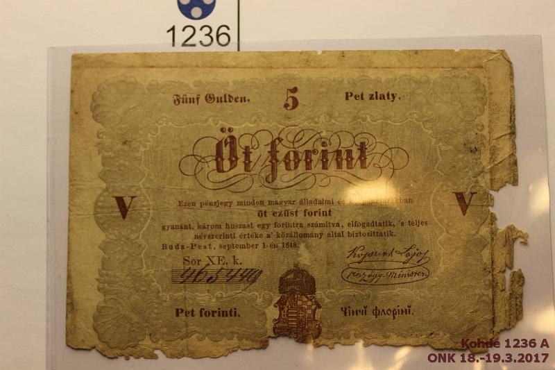 k-1236-a.jpg - Kohde 1236, lhthinta: 5 € Unkari 5 forint 1848 P#111 Puutosalueita, repemi, kunto: 1