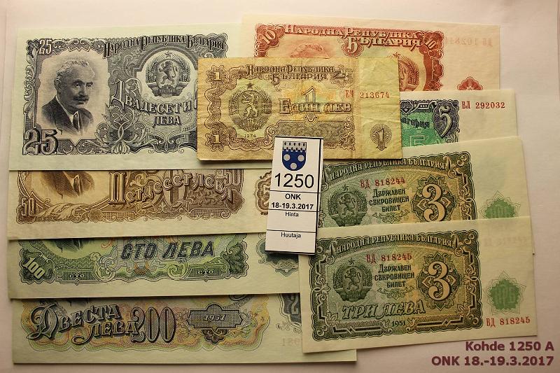 k-1250-a.jpg - Kohde 1250, lhthinta: 5 € / myyntihinta: 5 €  Bulgaria  (9) 1951-74 3  leva  1951(2), 5, 10, 25, 50, 100 ja 200  leva  1951, niss ei taitteita, mutta pintaeloa. Lisksi huono 1l 1974, kunto: 6-8, 3