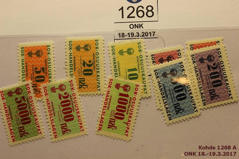 k-1268-a.jpg - Kohde 1268, lhthinta: 10 € / myyntihinta: 10 € 1-5000 mk SOK (12) Hammastetut arvomerkit liimoitteella 1,2,5,10,20,50,100,200,500,1000,2000 ja 5000mk, kunto: 8-9