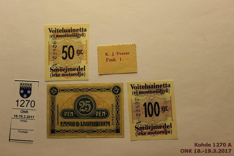 k-1270-a.jpg - Kohde 1270, lhthinta: 5 € Er 1918-> (4) 25p Ensio & Lagerbohm rep (kl3); K.J. Pensar 1:- (kl9); Voiteluainetta ostokupongit 50g ja 100g (kl9), kunto: 3, 9