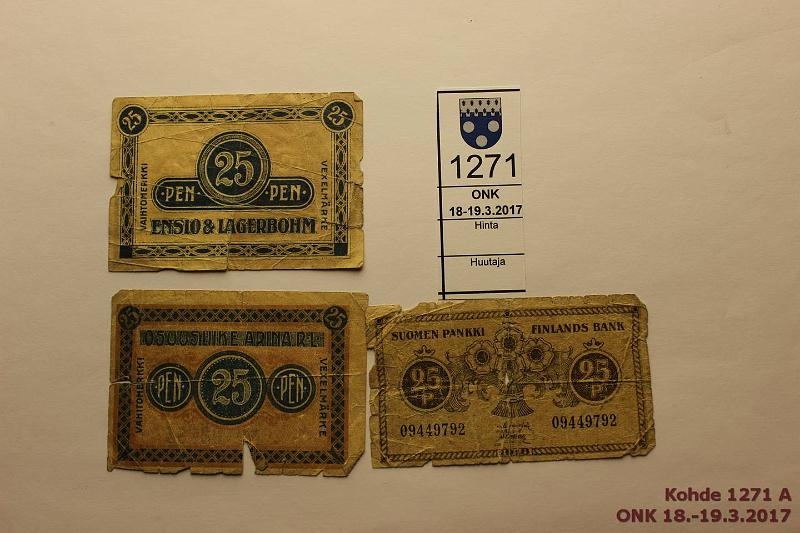 k-1271-a.jpg - Kohde 1271, lhthinta: 3 € / myyntihinta: 3 € Er 25 p 1918 (3) Ensio Lagerbohm ja Arina. Lisksi normaali 25p-18. Pehmoja, vikoja, kunto: 1