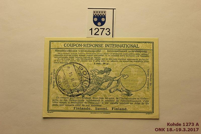 k-1273-a.jpg - Kohde 1273, lhthinta: 10 € 3 mk 20 p 1930 Kansainvlinen vastauskuponki / Coupon-Rponse International. Tekstit 6:lla kielell. Leimattu Pori 15.II.30, kunto: 8