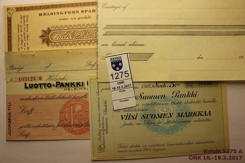 k-1275-a.jpg - Kohde 1275, lhthinta: 10 € / myyntihinta: 10 € Sekkej 1918-2? (4) Suomen Pankki 5:- 1918; Luottopankki OY 192_; Nimetn 19__; Helsingin Sstpankki 25:- pohjarahana. Kyttmttmt, kunto: 8-9