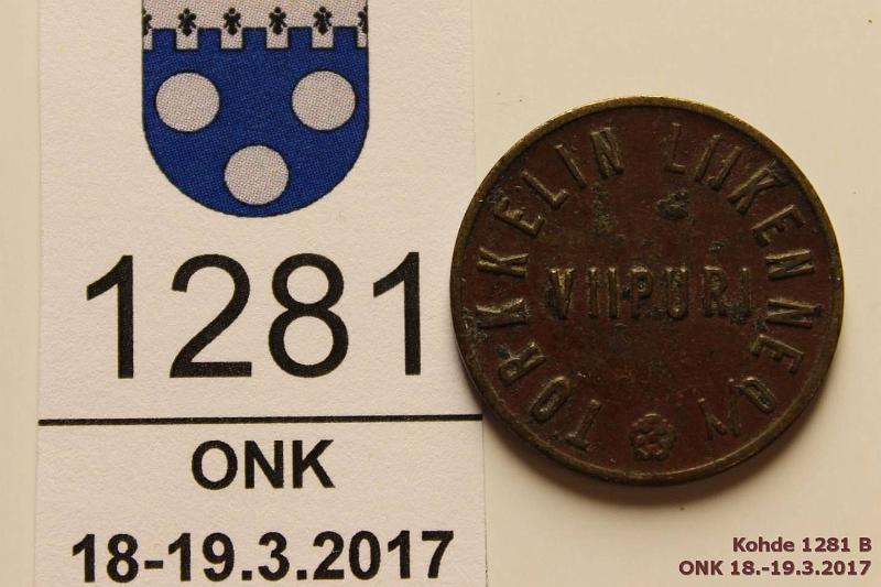 k-1281-b.jpg - Kohde 1281 (kuva 2/2), lhthinta: 5 € / myyntihinta: 5 € Viipuri Br, 20mm. Torkkelin Liikenne o/y ja yhtin logo, kunto: 6