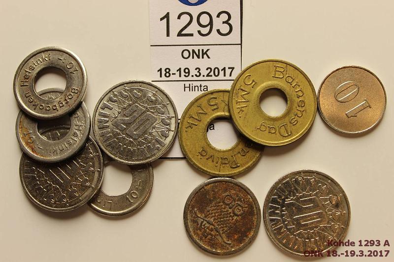 k-1293-a.jpg - Kohde 1293, lhthinta: 5 € / myyntihinta: 5 € Er Linnamki (10) 10;- reill(3); 10:- pll(2); 20;- vaalea metalli(3); 5mk Lasten Piv / Barnens Dag(2), kunto: 6-9