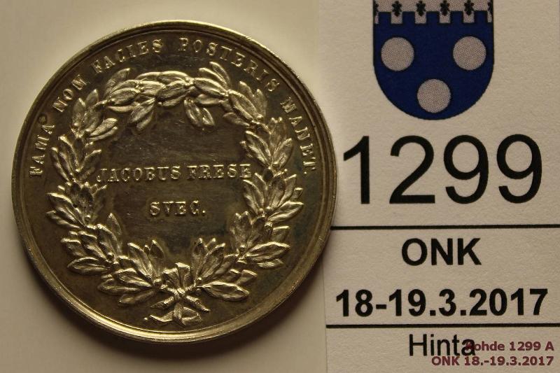 k-1299-a.jpg - Kohde 1299 (kuva 1/2), lhthinta: 10 € / myyntihinta: 16 € Hopeamitali 1800-luku Ag, 32mm n. 12g. Jacobus Frese, hnja, php, kunto: 8