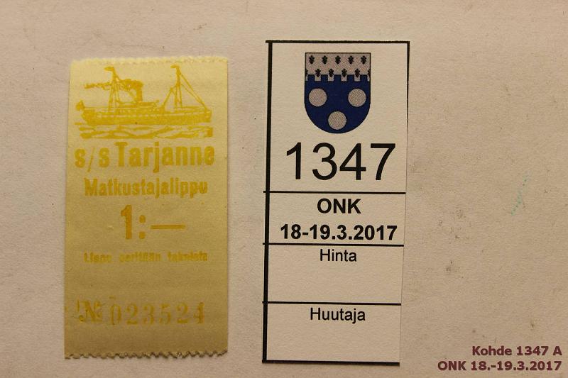 k-1347-a.jpg - Kohde 1347, lhthinta: 5 € Matkalippu 1:- S/S Tarjanne matkustajalippu n:o 015025. Vihre. Vaakasivut hammastettu, kunto: 8