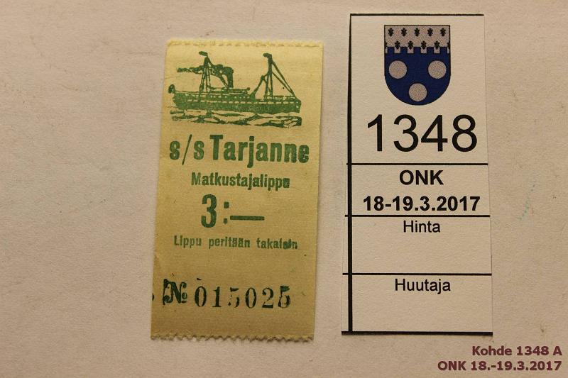 k-1348-a.jpg - Kohde 1348, lhthinta: 5 € Matkalippu 3:- S/S Tarjanne matkustajalippu n:o 015025. Vihre. Vaakasivut hammastettu, kunto: 8