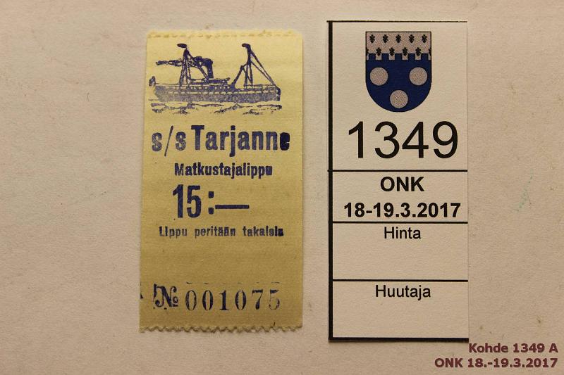 k-1349-a.jpg - Kohde 1349, lhthinta: 5 € Matkalippu 15:- S/S Tarjanne matkustajalippu n:o 015025. Sininen. Vaakasivut hammastettu, kunto: 8