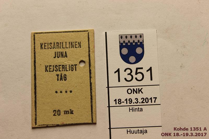 k-1351-a.jpg - Kohde 1351, lhthinta: 5 € / myyntihinta: 5 € Matkalippu 20 mk Keisarillinen juna. Mittity reiittmll, kunto: 9