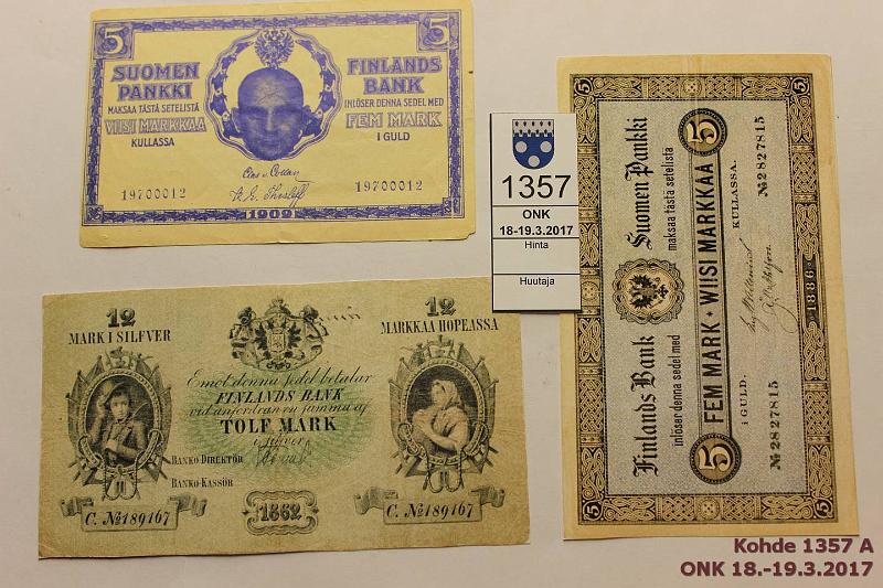 k-1357-a.jpg - Kohde 1357, lhthinta: 5 € / myyntihinta: 5 € Kopioita ja mainos 1862-> (3) Kopio-merkityt 5mk 1886, 12mk 1862c, sek muunnelma 5mk 1909 (K-halli Maanviljelijin OY huutokauppa 8.6.1971), kunto: 5-9