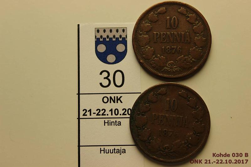 k-0030-b.jpg - Kohde 30 (kuva 2/2), lhthinta: 10 € / myyntihinta: 27 € 10 p 1876 (2) SNY 148.1-2, tavallinen ja pienehk 6, prvja, kunto: 3, 3