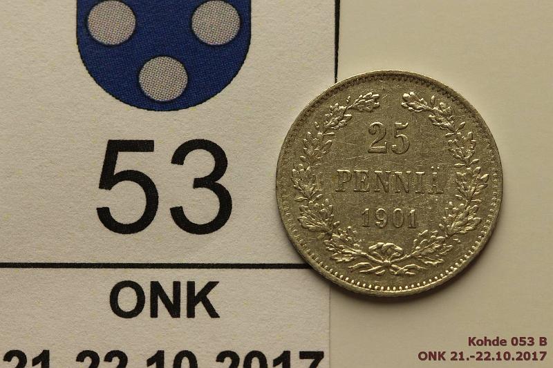 k-0053-b.jpg - Kohde 53 (kuva 2/2), lhthinta: 5 € / myyntihinta: 5 € 25 p 1901 Ag, hnja, siisti kokoelmakappale, kunto: 7