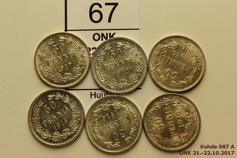 k-0067-a.jpg - Kohde 67, lhthinta: 5 € / myyntihinta: 13 € 50 p 1914-17 (6) Ag, 1914, -15, -16(3), -17 I, erittin kauniita!, kunto: 8-9