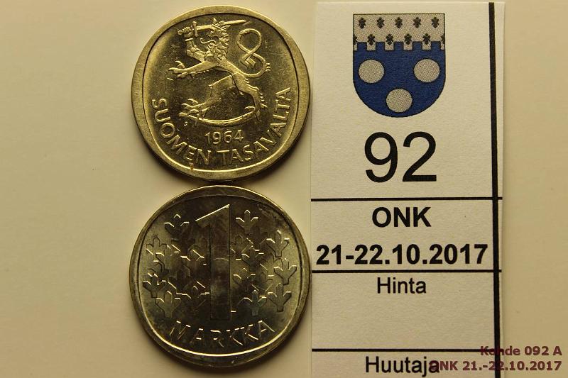 k-0092-a.jpg - Kohde 92, lhthinta: 10 € / myyntihinta: 10 € 1 mk 1964, -65 Ag, loisteliaat!, kunto: 9