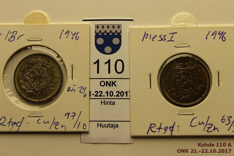 k-0110-a.jpg - Kohde 110, lhthinta: 10 € / myyntihinta: 25 € 5 mk 1946 (2) SNY 517.1-2 AlBr ja messinki, seokset varmistettu rtgf-analyysilla, kunto: 7