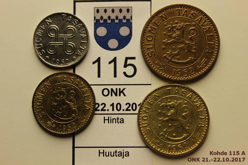 k-0115-a.jpg - Kohde 115, lhthinta: 10 € / myyntihinta: 10 € 5 - 50 mk 1952 (4) 5mk kl7/8, 10mk kl8; 20mk kl7; 50mk kl6, kunto: 6-8