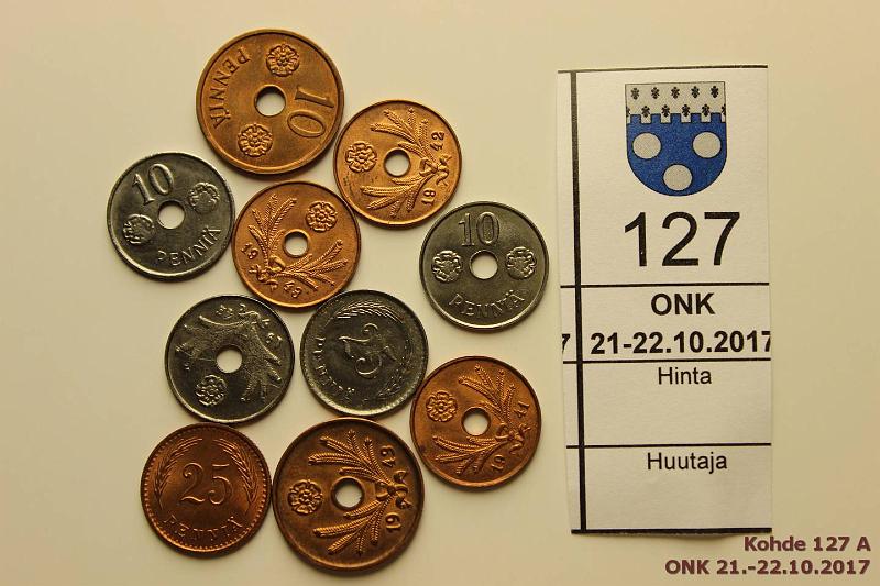 k-0127-a.jpg - Kohde 127, lhthinta: 5 € / myyntihinta: 10 € 5 - 25 p 1941-45 (10) 5p Cu 1941, -42, -43; 10p Cu-42, -43; Fe-43, -44, -45; 25p Cu-43, Fe-45. Hyvkuntoinen er, kunto: 7-9