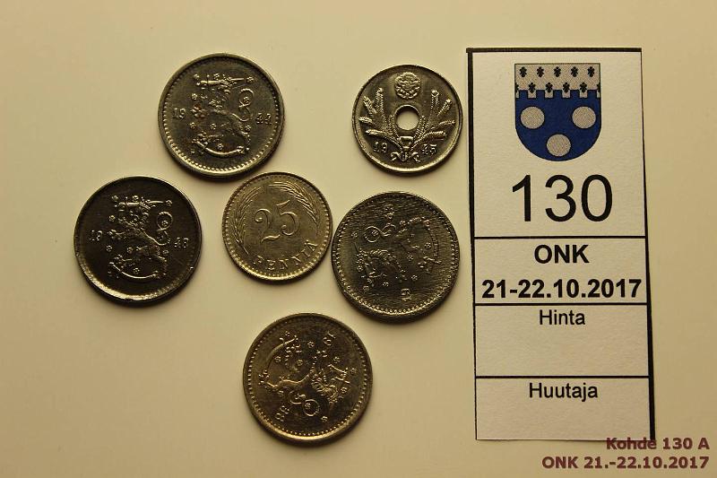 k-0130-a.jpg - Kohde 130, lhthinta: 10 € / myyntihinta: 13 € 10 - 50 p 1936-48 (7) Fe: 10p 1945 terv 5; 50p 1943, -44(2, toisessa rpja), -48. CuNi: 25p 1936; 50p 1938. Leimakiiltoa, kunto: 6-9