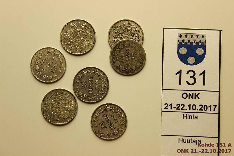 k-0131-a.jpg - Kohde 131, lhthinta: 10 € / myyntihinta: 14 € 25 p 1872-1910 (7) Ag, 25p 1872, 1901(2), -09, -10(3), kunto: 3-6