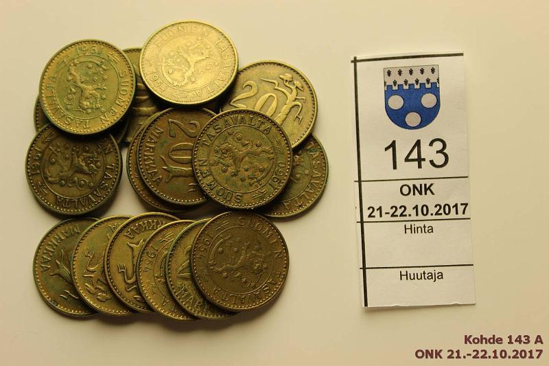 k-0143-a.jpg - Kohde 143, lhthinta: 5 € / myyntihinta: 5 € 20 mk 1953-61 (17) 1953, -54(5), -55(2), -56, -59, -60(2), -61(5), kunto: 3-6