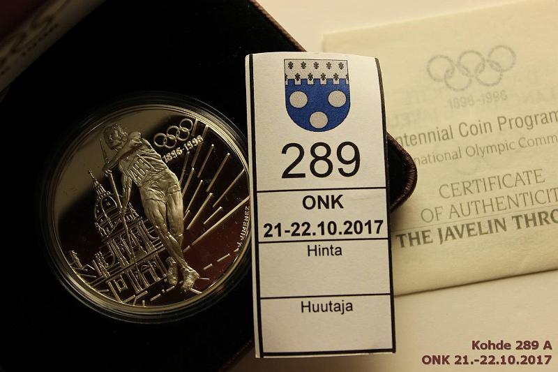 k-0289-a.jpg - Kohde 289, lhthinta: 10 € / myyntihinta: 15 € Ranska 100 fr 1994 KM#1048 Ag, Proof, 33,63g/925, Javelin, kapseli, tod, nahkakotelo, laatikko. Centennial-sarjaa, kunto: 10