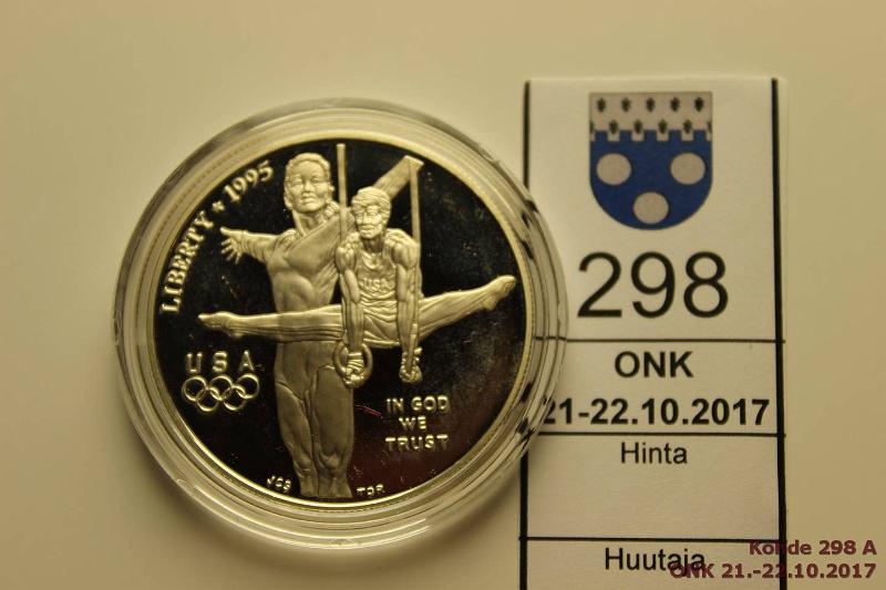 k-0298-a.jpg - Kohde 298, lhthinta: 10 € / myyntihinta: 16 € USA 1$ 1995 KM#260 Ag, Proof, 26,73g/900. Atlanta / Gymnastics, kapseli, kunto: 10