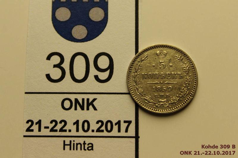 k-0309-b.jpg - Kohde 309 (kuva 2/2), lhthinta: 20 € / myyntihinta: 200 € 5 kop 1859 Y#19.1 Ag, ???, ??, prvja, hnja, kunto: 7