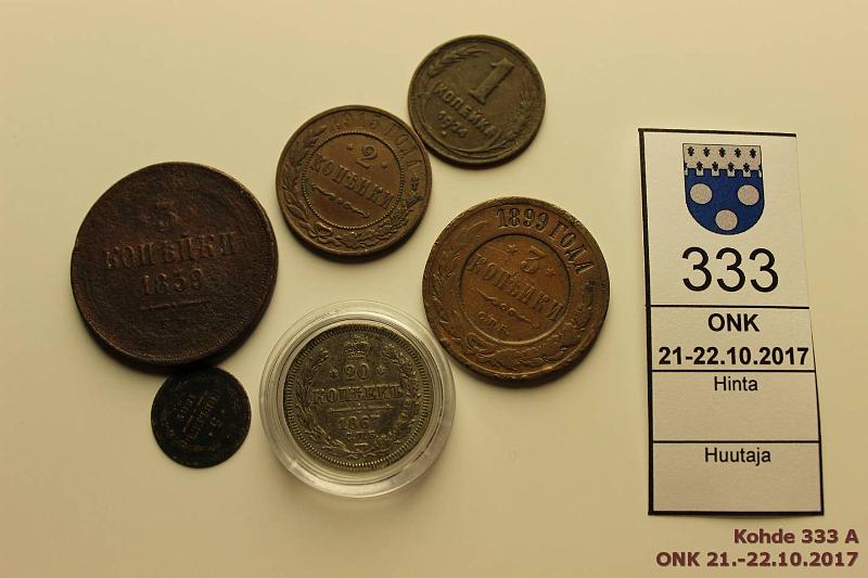 k-0333-a.jpg - Kohde 333, lhthinta: 5 € / myyntihinta: 10 € 1 - 20 kop 1859-1924 (6) 1k 1924; 2k-15; 3k 1859, -99; 5k 1882 Ag; 20k 1867 Ag. Huonoja, kunto: 1-5