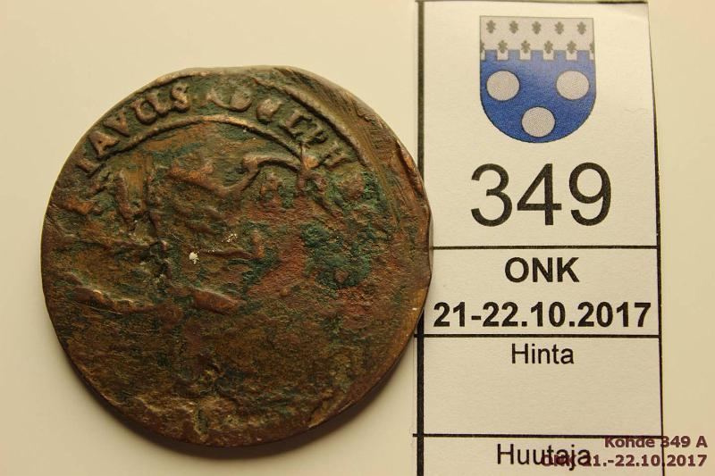 k-0349-a.jpg - Kohde 349 (kuva 1/2), lhthinta: 10 € / myyntihinta: 10 € 1 r 1627 KM#116 Cu, Gustav II Adolf. Kulunut raha, luettavissa "..NICOPEN..", "..NOV..", "..TAVUS ADOLPH MDCXXVII. 40mm, taipunut. Myntboken C-tyyppi?, kunto: 2