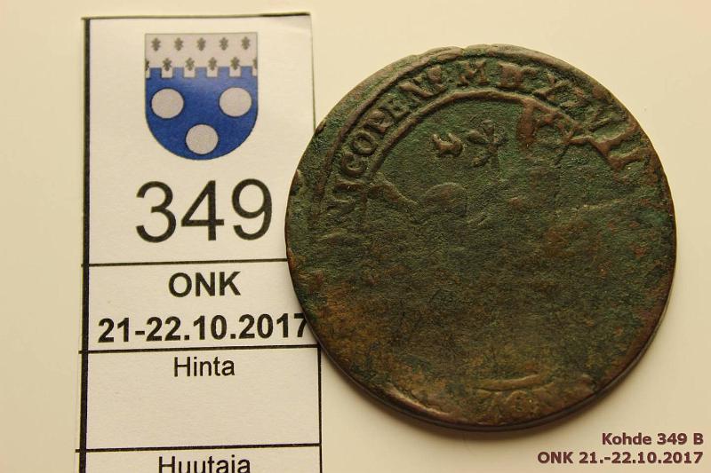 k-0349-b.jpg - Kohde 349 (kuva 2/2), lhthinta: 10 € / myyntihinta: 10 € 1 r 1627 KM#116 Cu, Gustav II Adolf. Kulunut raha, luettavissa "..NICOPEN..", "..NOV..", "..TAVUS ADOLPH MDCXXVII. 40mm, taipunut. Myntboken C-tyyppi?, kunto: 2