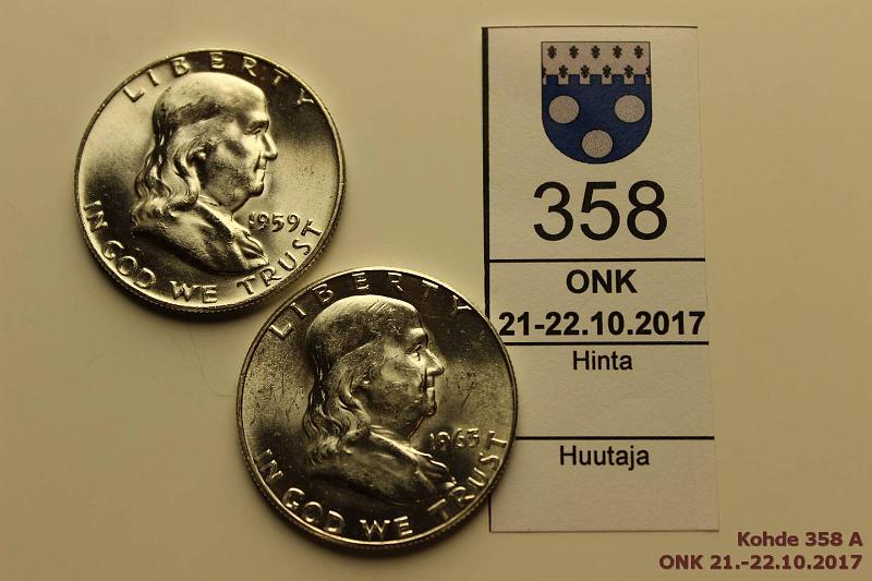 k-0358-a.jpg - Kohde 358, lhthinta: 20 € / myyntihinta: 28 € USA  $ 1959, -63 KM#199 Ag, 2 x 12,5g/900, Franklin Half Dollar, 1963 hnja, loisteliaat!, kunto: 9