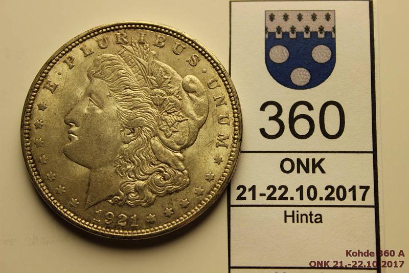 k-0360-a.jpg - Kohde 360, lhthinta: 8 € / myyntihinta: 16 € USA 1 1921 KM#110 Ag, 26,73g/900, Morgan Dollar, reunassa epij, kunto: 6/7