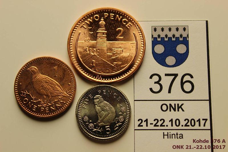 k-0376-a.jpg - Kohde 376, lhthinta: 5 € / myyntihinta: 7 € Gibraltar 1 - 5 p 2000 KM#773-5 (3) Cu+ters/CuNi 1 penny (hieman patinaa) + 2 ja 5 pence, kunto: 9