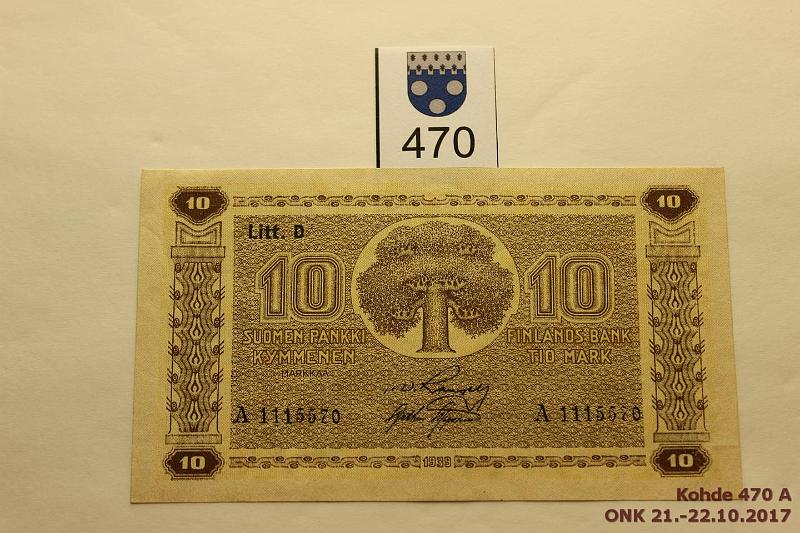 k-0470-a.jpg - Kohde 470, lhthinta: 60 € / myyntihinta: 72 € 10 mk 1939 LD SNY 144.1 A1115579 RAN-AAs, kulmakuvio I, vl 1, pintaeloa, ei taitteita, kunto: 8