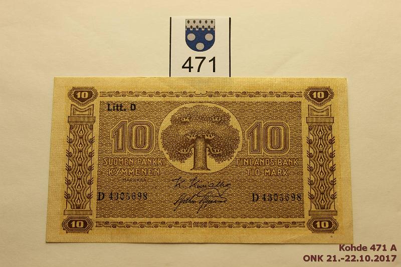 k-0471-a.jpg - Kohde 471, lhthinta: 15 € 10 mk 1939 LD SNY 144.3 D4305698 KIV-AAs, kulmakuvio II, vl 1, aaltoilua, nurkkataite, kunto: 8