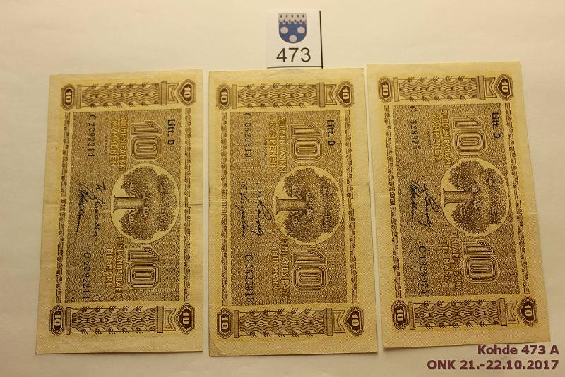 k-0473-a.jpg - Kohde 473, lhthinta: 10 € / myyntihinta: 10 € 10 mk 1939 LD (3) SNY 144.4 C-sarja, eri ak-parit: KIV-Wah, RAN-Car, RAN-Wah, kulmakuvio II, vl 2, kunto: 4-6