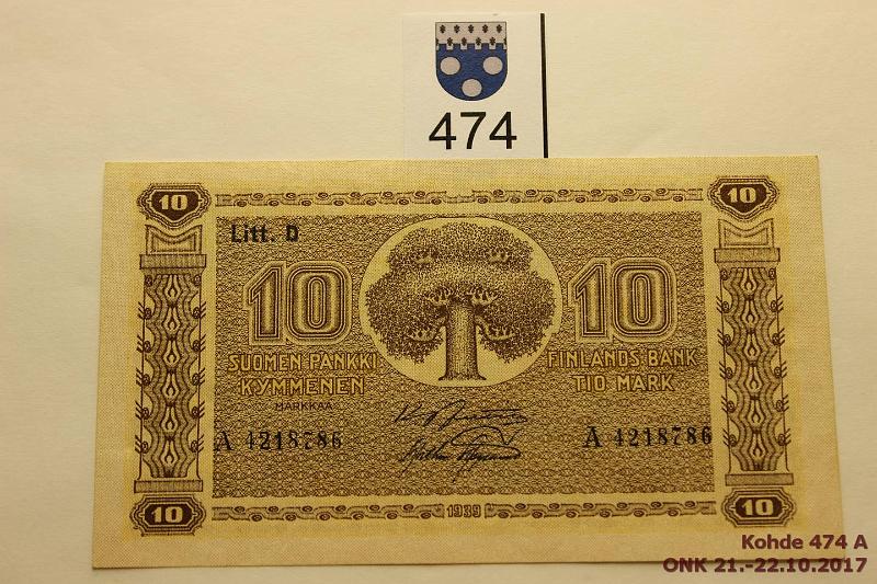 k-0474-a.jpg - Kohde 474, lhthinta: 20 € / myyntihinta: 20 € 10 mk 1939 LD SNY 144.4 A4218786 JUT-AAs, kulmakuvio II, vl 2, pintaeloa, kunto: 9